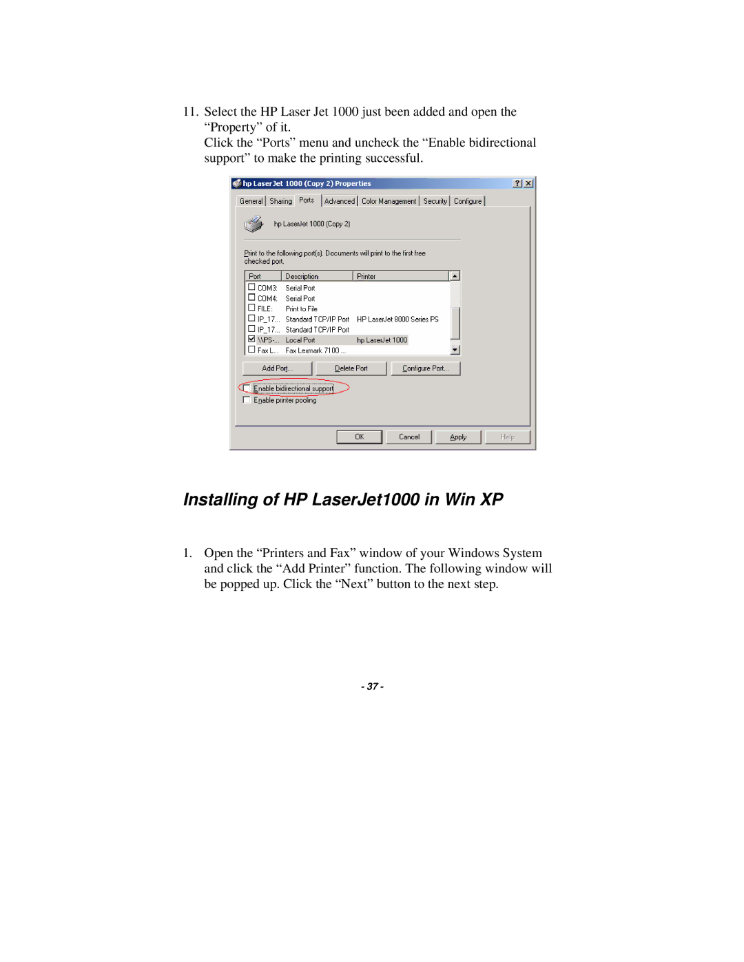 TRENDnet TE100-P21 manual Installing of HP LaserJet1000 in Win XP 