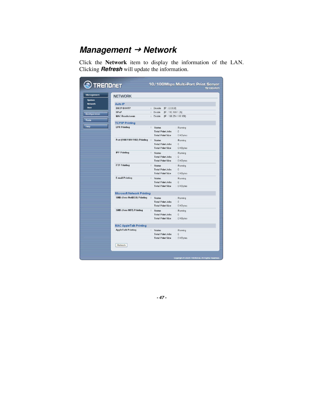 TRENDnet TE100-P21 manual Management J Network 