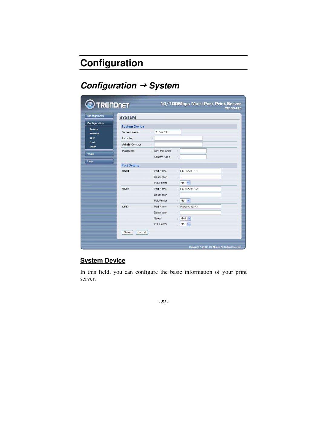 TRENDnet TE100-P21 manual Configuration J System, System Device 