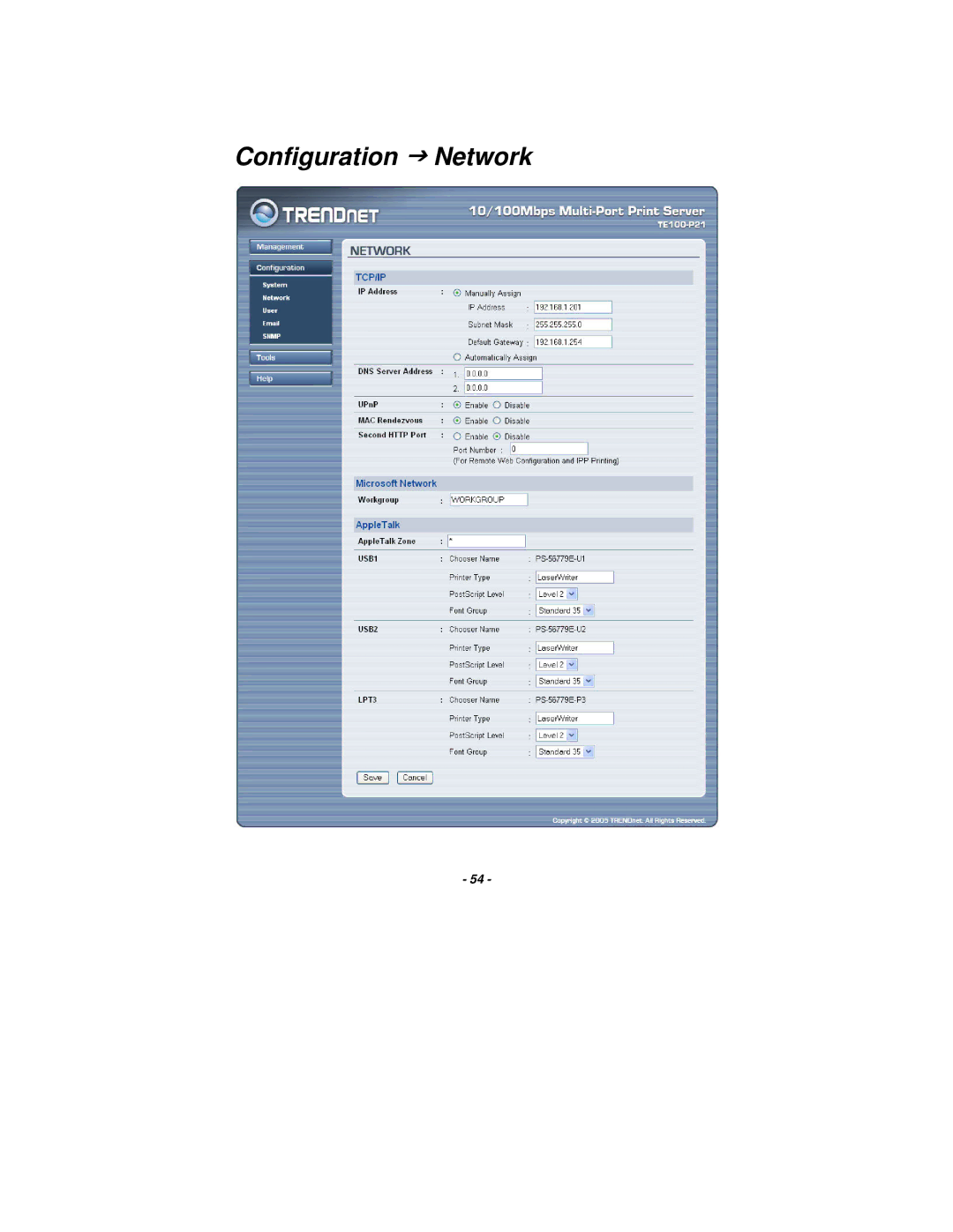 TRENDnet TE100-P21 manual Configuration J Network 