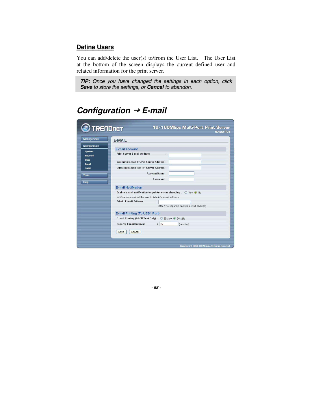 TRENDnet TE100-P21 manual Configuration J E-mail, Define Users 