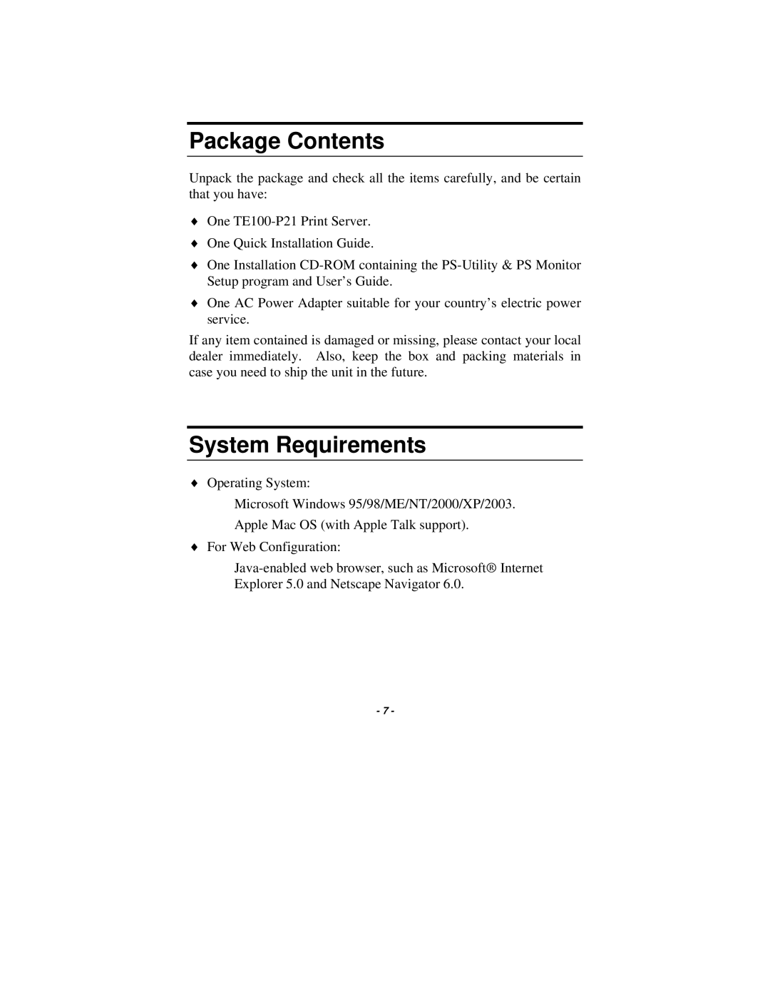 TRENDnet TE100-P21 manual Package Contents, System Requirements 