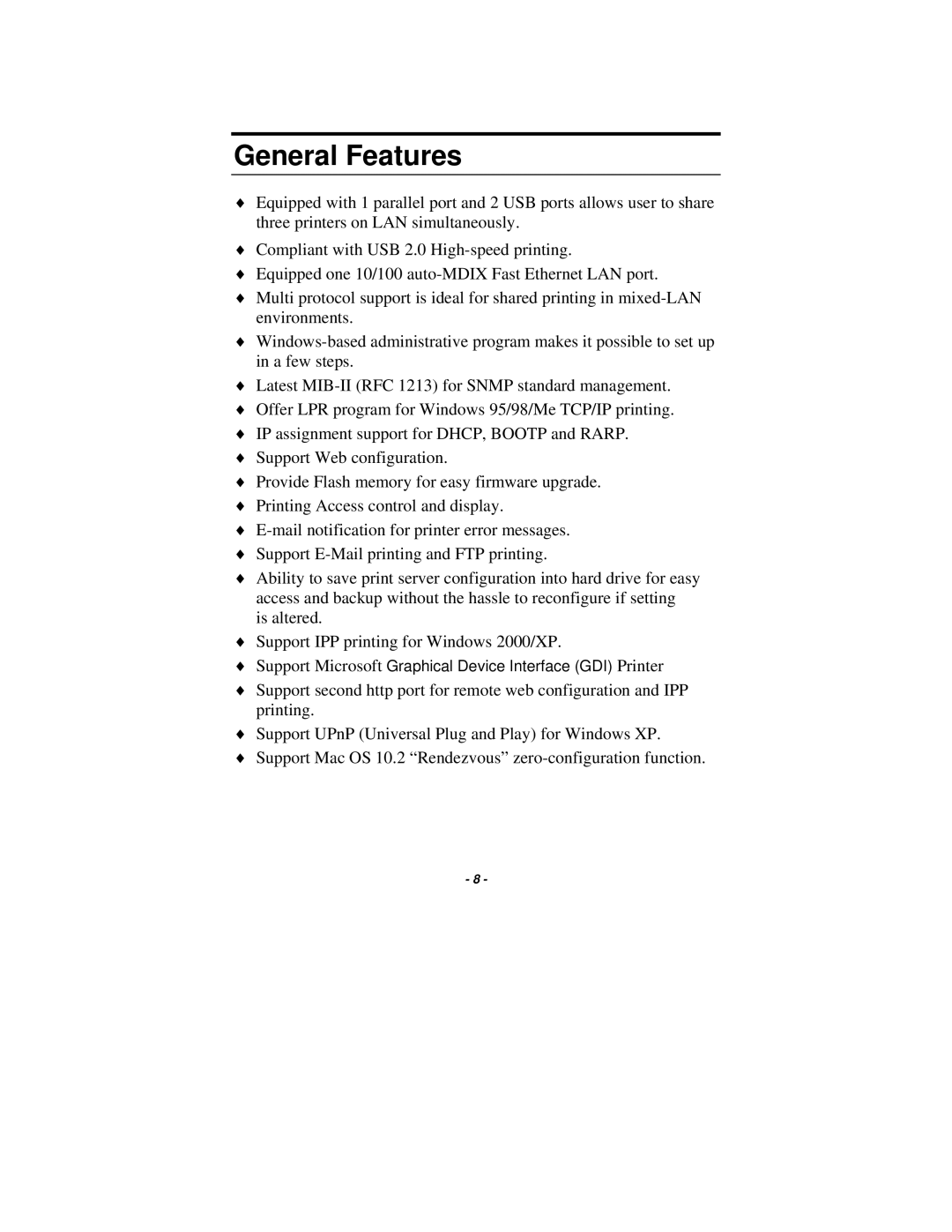 TRENDnet TE100-P21 manual General Features 