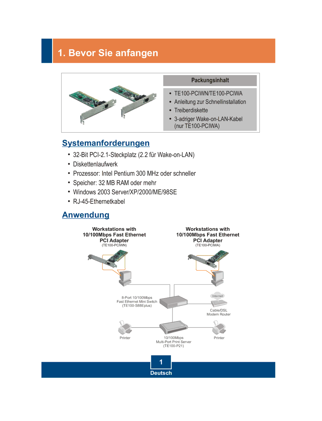 TRENDnet TE100-PCIWA, TE100-PCIWM manual Bevor Sie anfangen, Packungsinhalt 