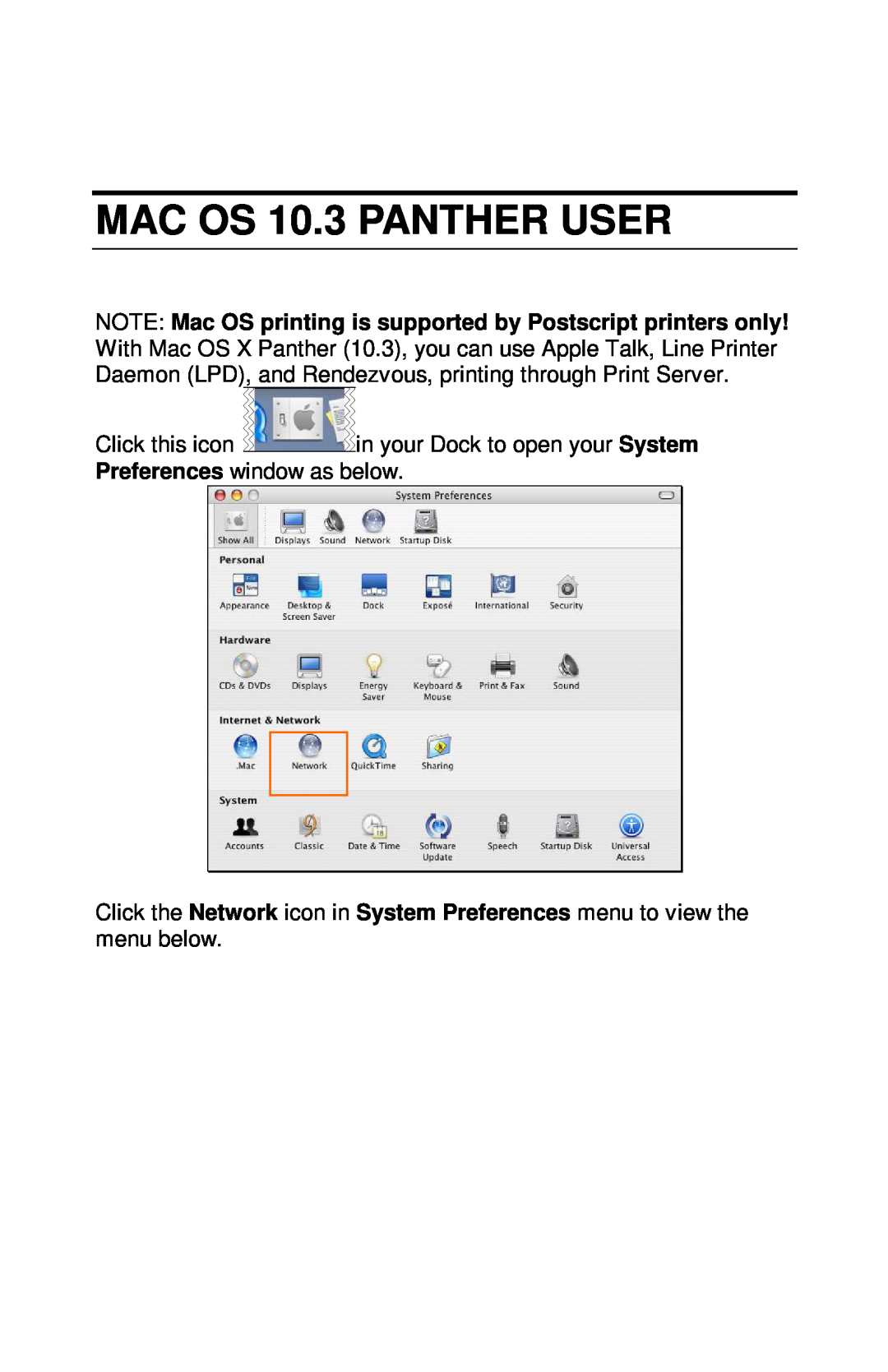TRENDnet TE100-PIP manual MAC OS 10.3 PANTHER USER 