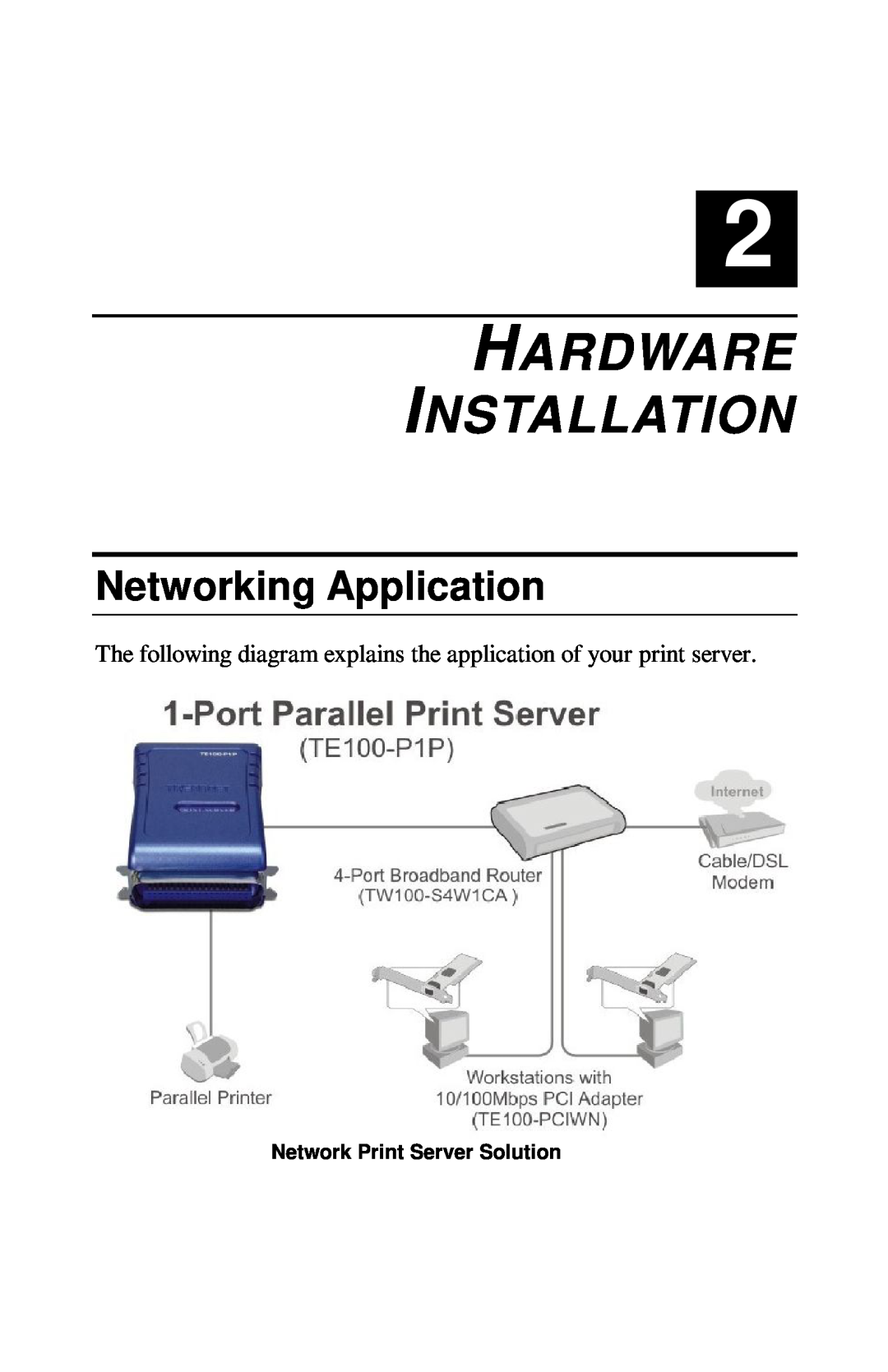 TRENDnet TE100-PIP manual Hardware Installation, Networking Application, Network Print Server Solution 