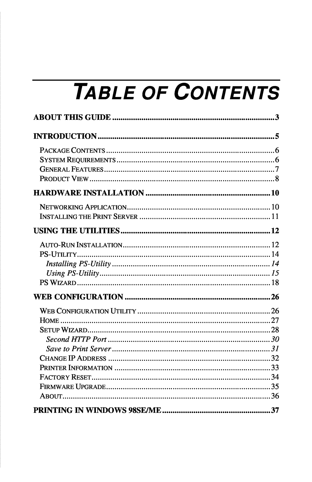 TRENDnet TE100-PIP manual Table Of Contents, About This Guide, Introduction, Hardware Installation, Using The Utilities 