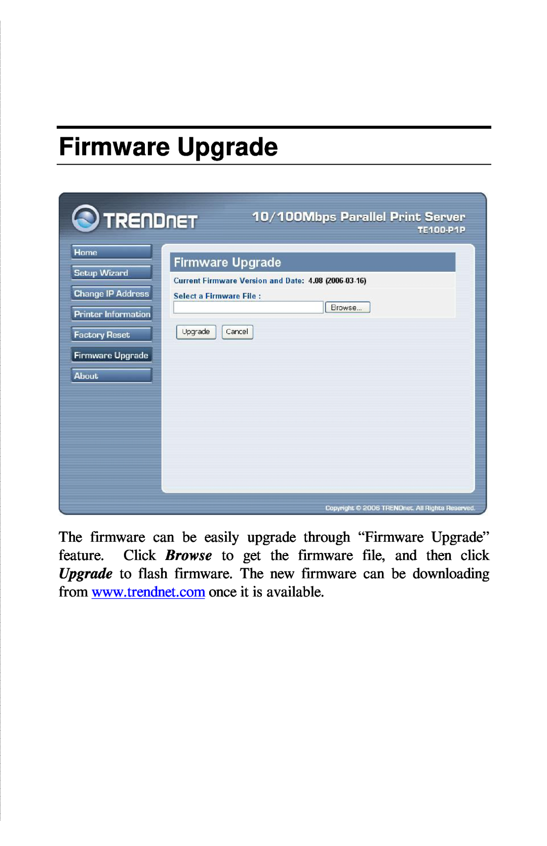 TRENDnet TE100-PIP manual Firmware Upgrade 