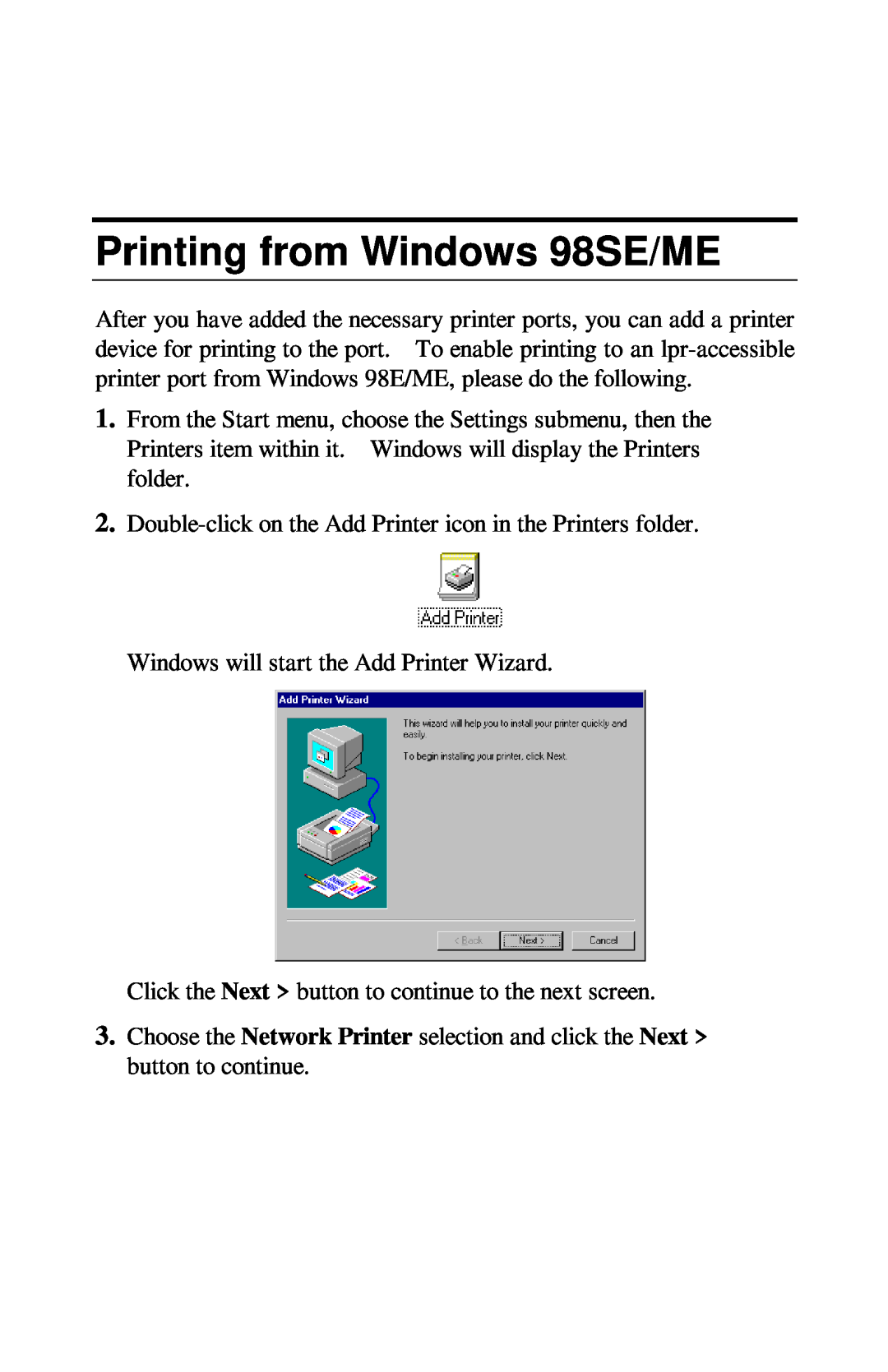 TRENDnet TE100-PIP manual Printing from Windows 98SE/ME 