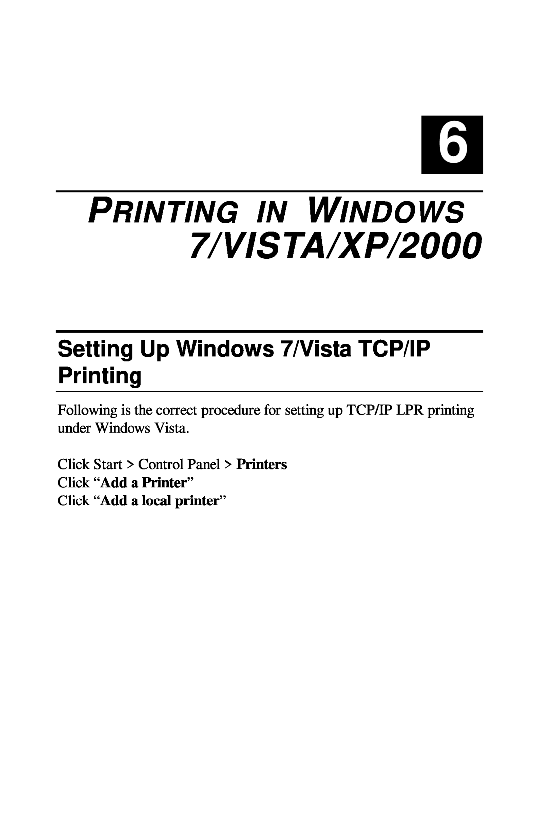 TRENDnet TE100-PIP manual Setting Up Windows 7/Vista TCP/IP Printing, 7/VISTA/XP/2000, Printing In Windows 