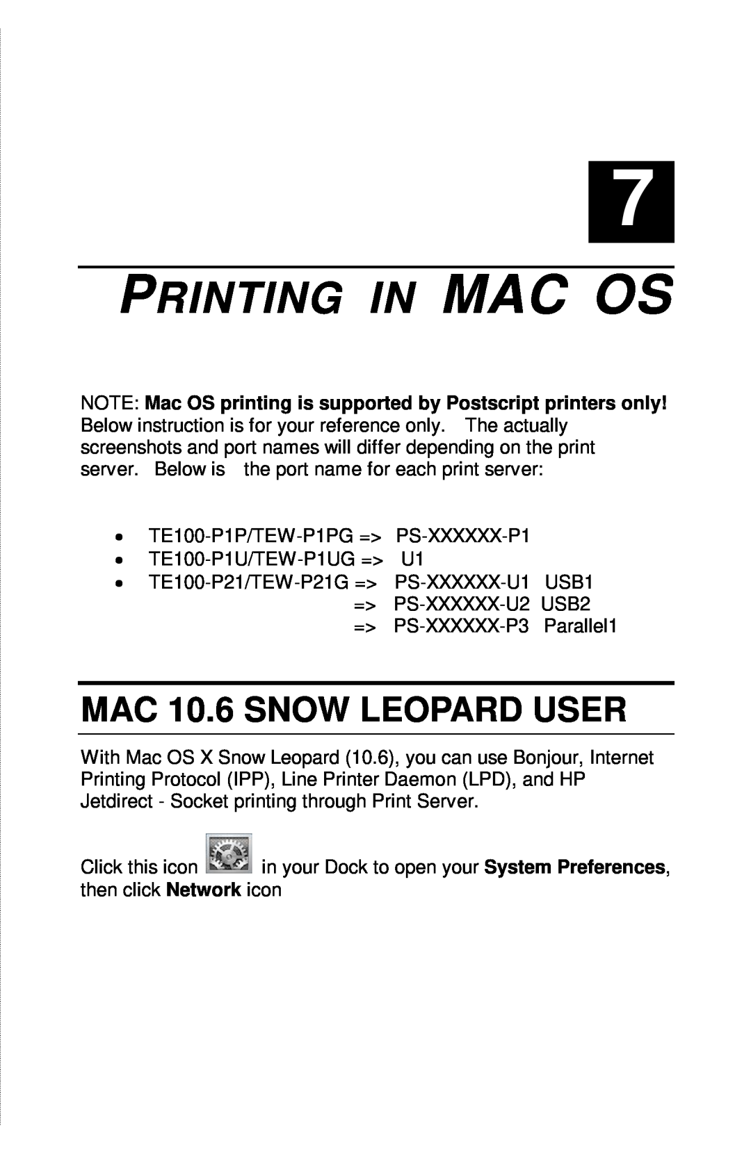TRENDnet TE100-PIP manual Printing In Mac Os, MAC 10.6 SNOW LEOPARD USER 