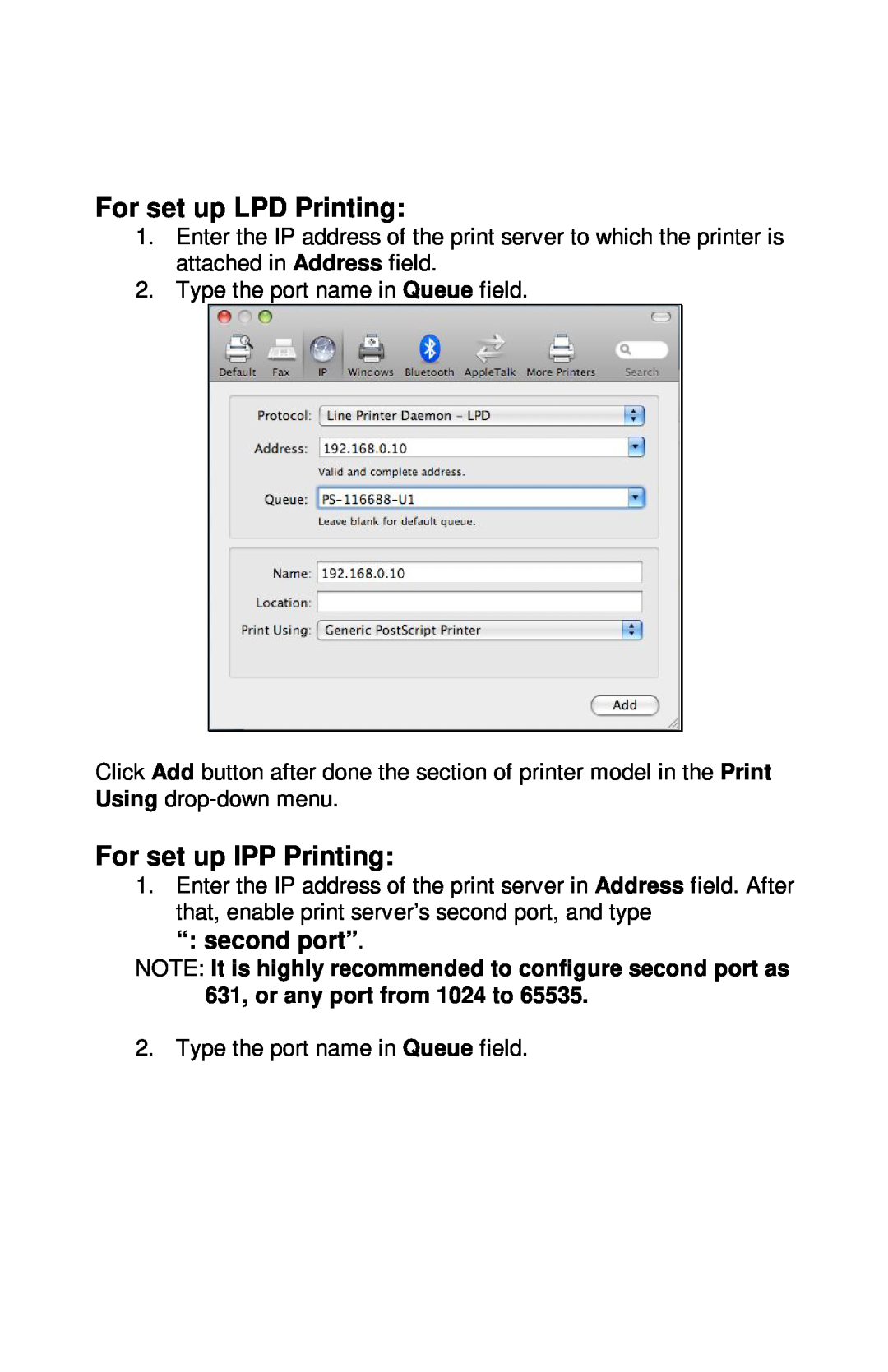 TRENDnet TE100-PIP manual For set up LPD Printing, For set up IPP Printing, “ second port” 