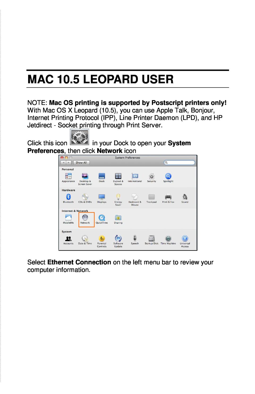 TRENDnet TE100-PIP manual MAC 10.5 LEOPARD USER 