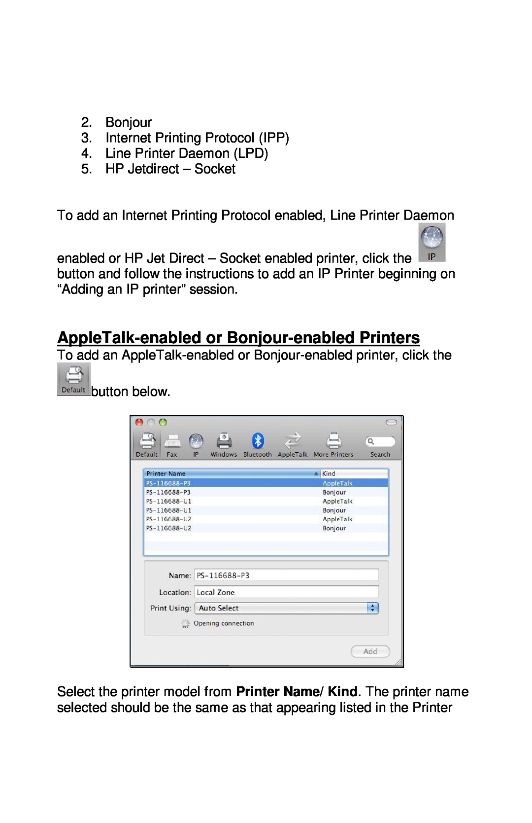 TRENDnet TE100-PIP manual AppleTalk-enabled or Bonjour-enabled Printers 