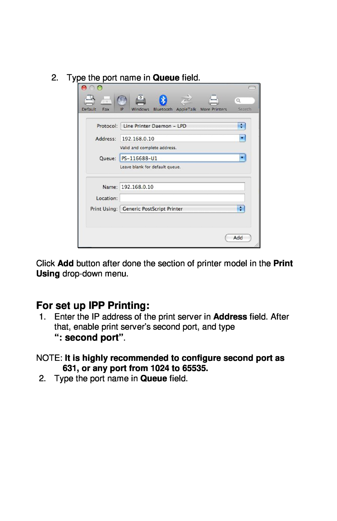 TRENDnet TE100-PIP manual For set up IPP Printing, “ second port” 