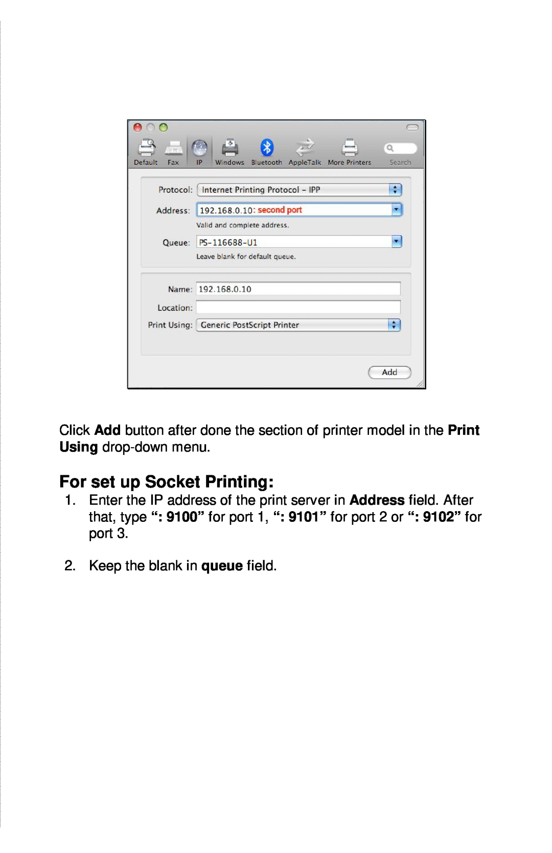 TRENDnet TE100-PIP manual For set up Socket Printing 