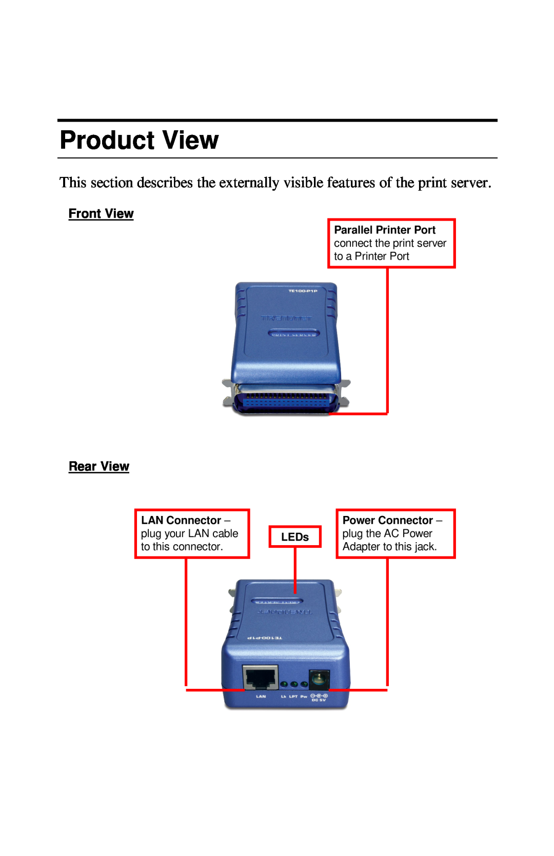 TRENDnet TE100-PIP Product View, Front View, Rear View, Parallel Printer Port connect the print server to a Printer Port 