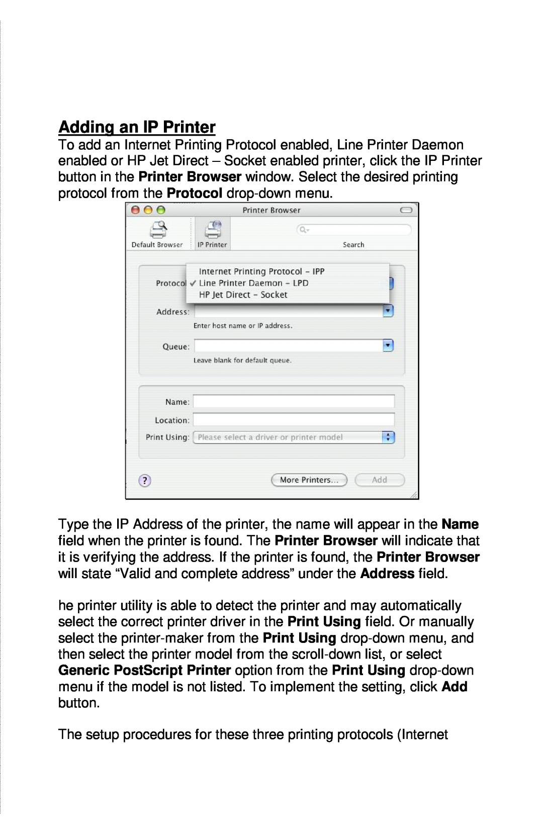 TRENDnet TE100-PIP manual Adding an IP Printer, The setup procedures for these three printing protocols Internet 