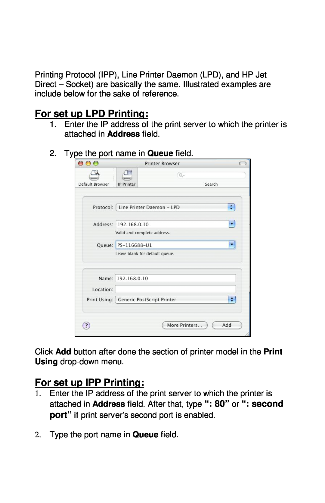 TRENDnet TE100-PIP manual For set up LPD Printing, For set up IPP Printing 