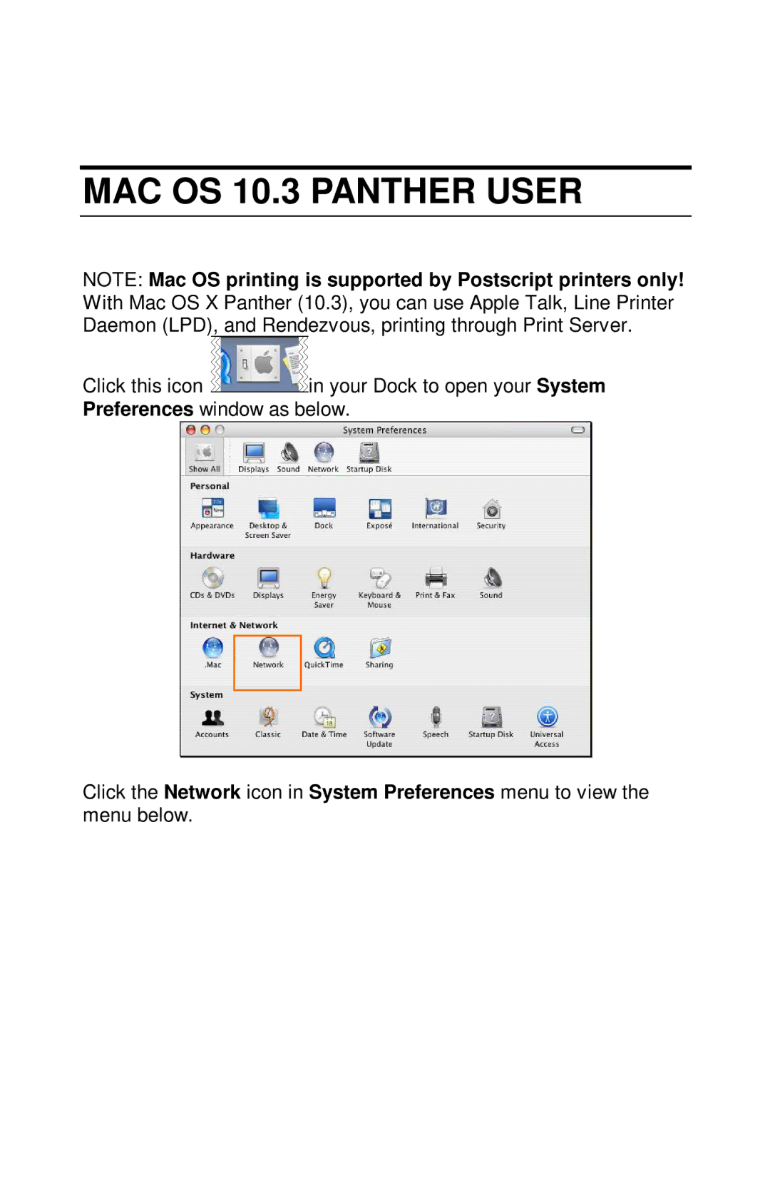 TRENDnet TE100-PIP manual MAC OS 10.3 Panther User 