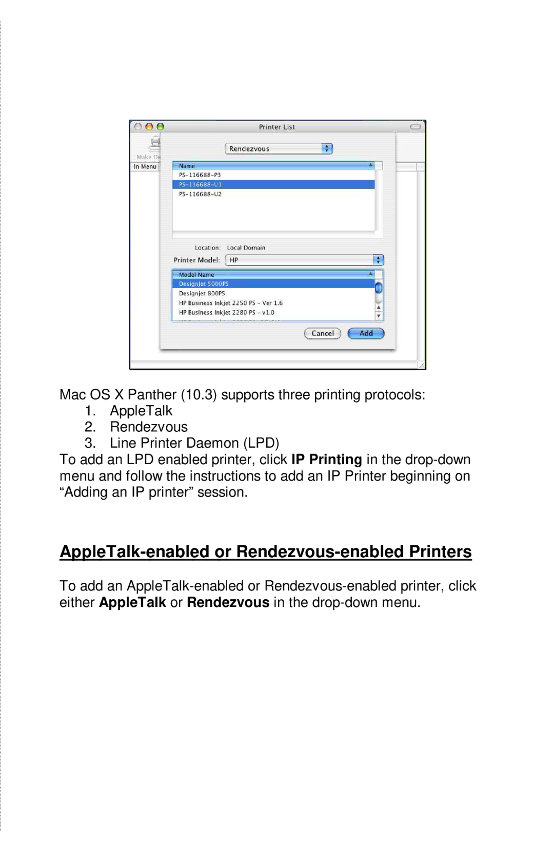 TRENDnet TE100-PIP manual AppleTalk-enabled or Rendezvous-enabled Printers 