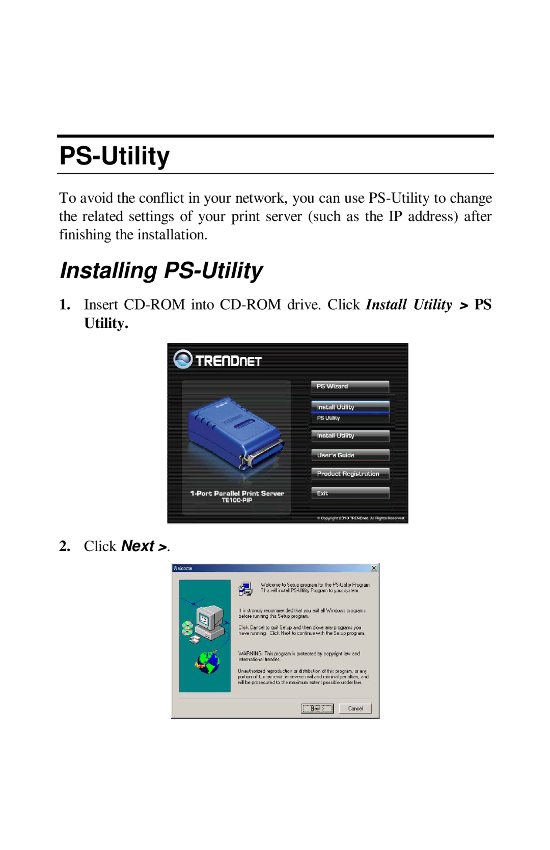 TRENDnet TE100-PIP manual Installing PS-Utility 