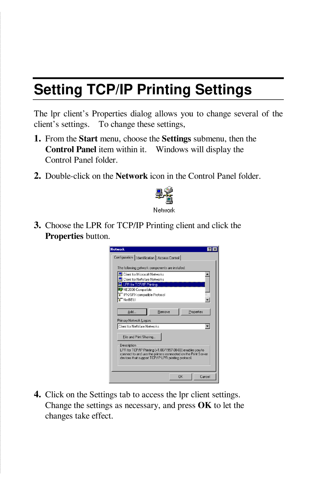 TRENDnet TE100-PIP manual Setting TCP/IP Printing Settings 