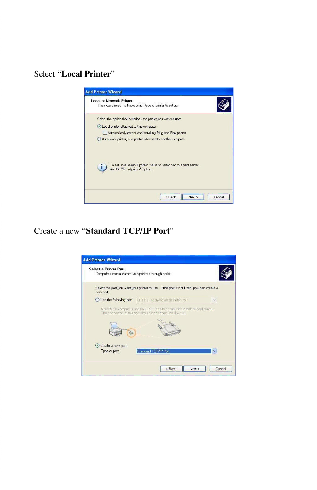 TRENDnet TE100-PIP manual Select Local Printer Create a new Standard TCP/IP Port 