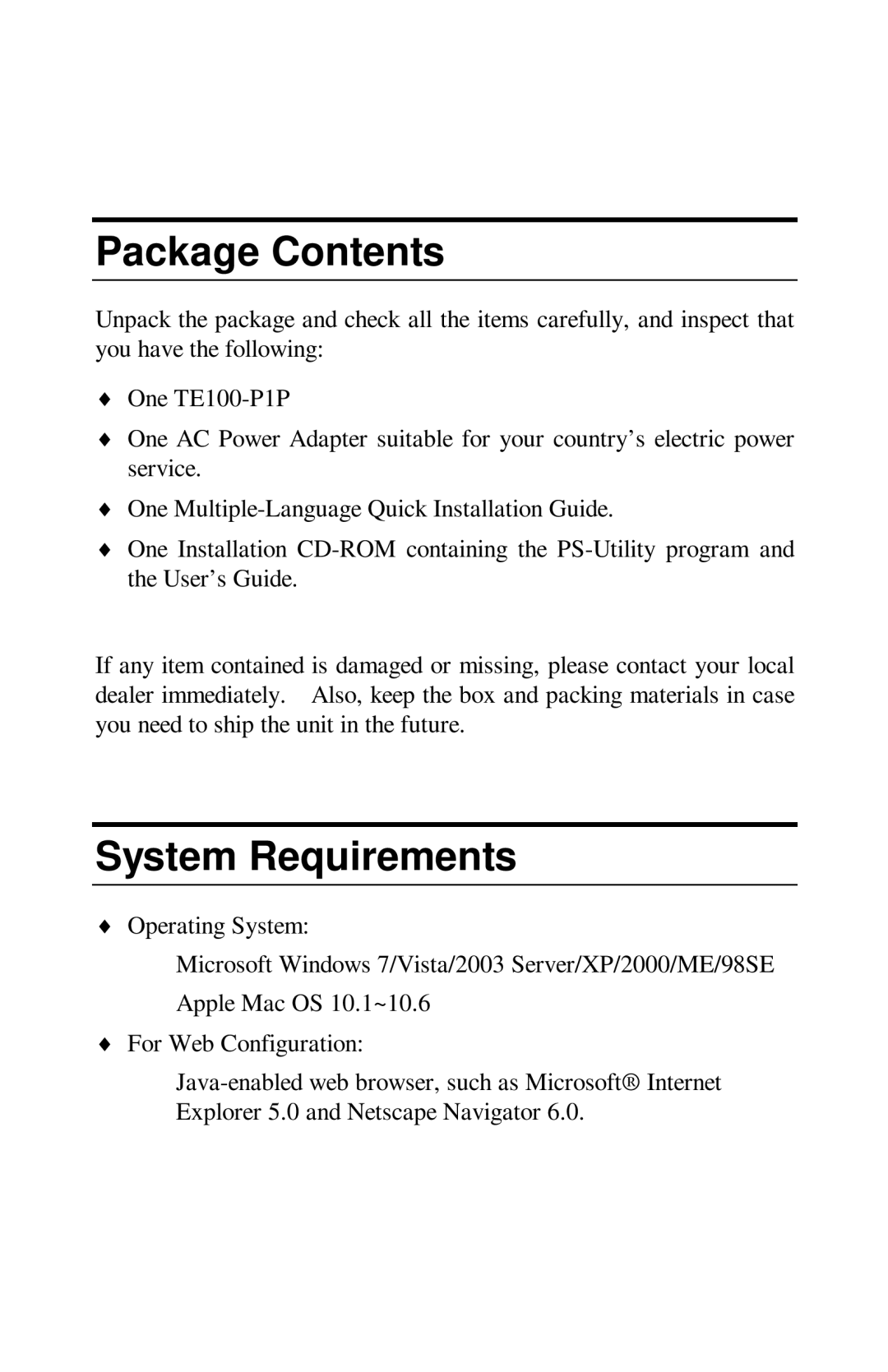 TRENDnet TE100-PIP manual Package Contents, System Requirements 