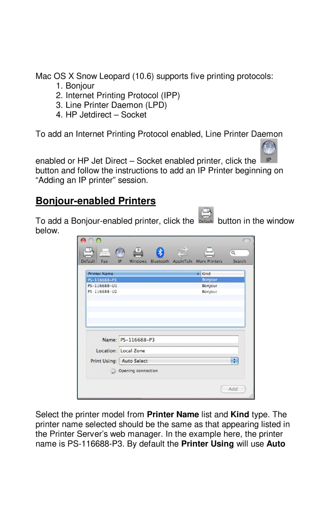 TRENDnet TE100-PIP manual Bonjour-enabled Printers 