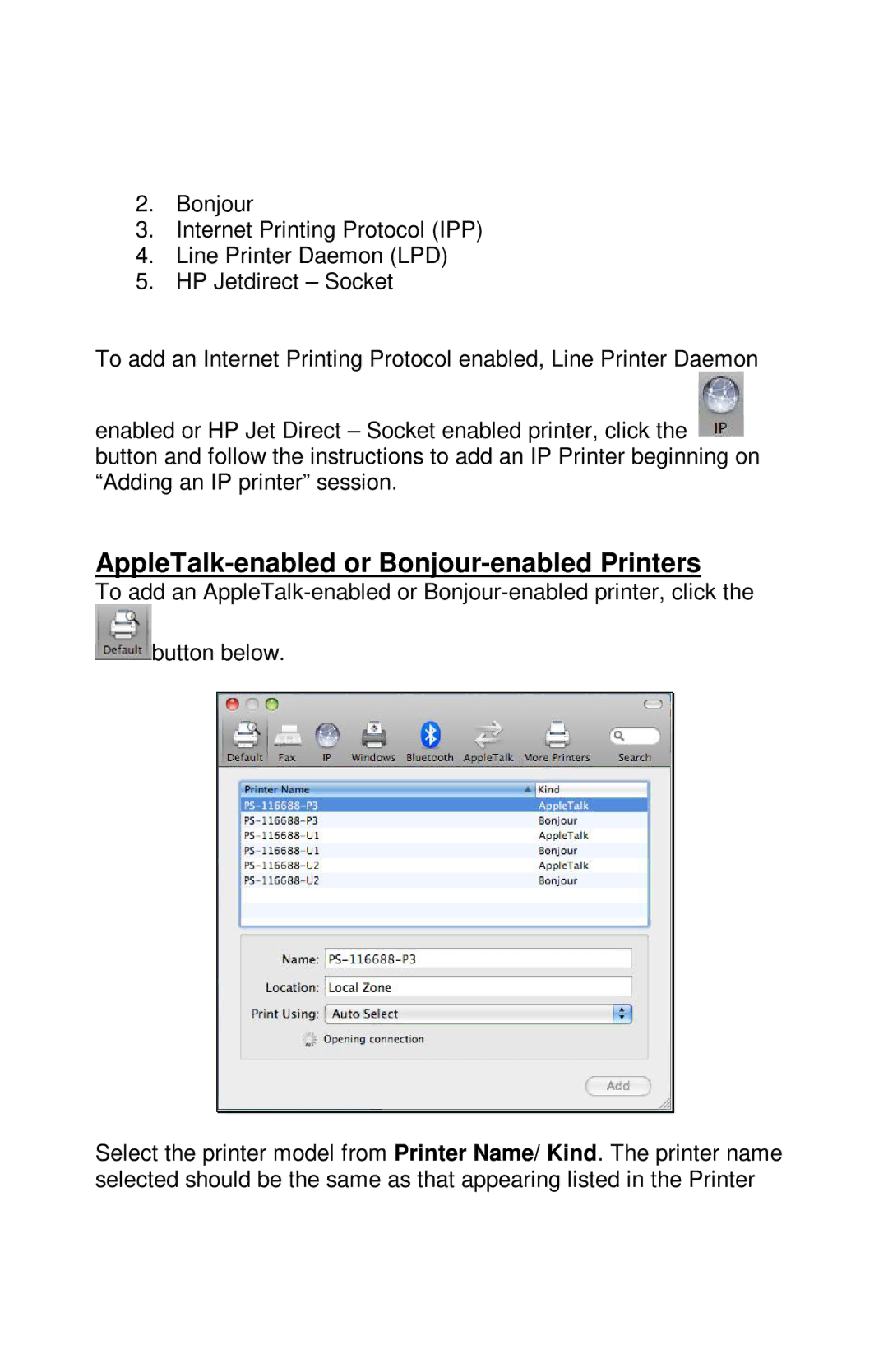 TRENDnet TE100-PIP manual AppleTalk-enabled or Bonjour-enabled Printers 