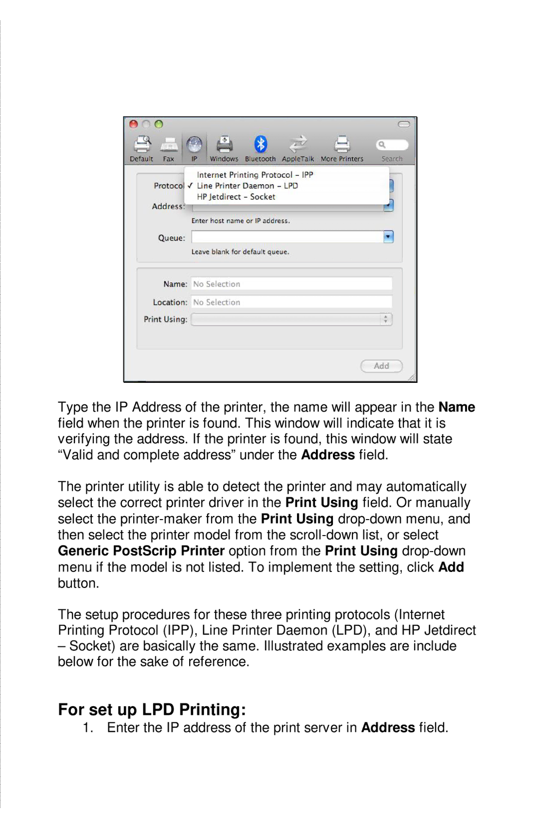 TRENDnet TE100-PIP manual Enter the IP address of the print server in Address field 