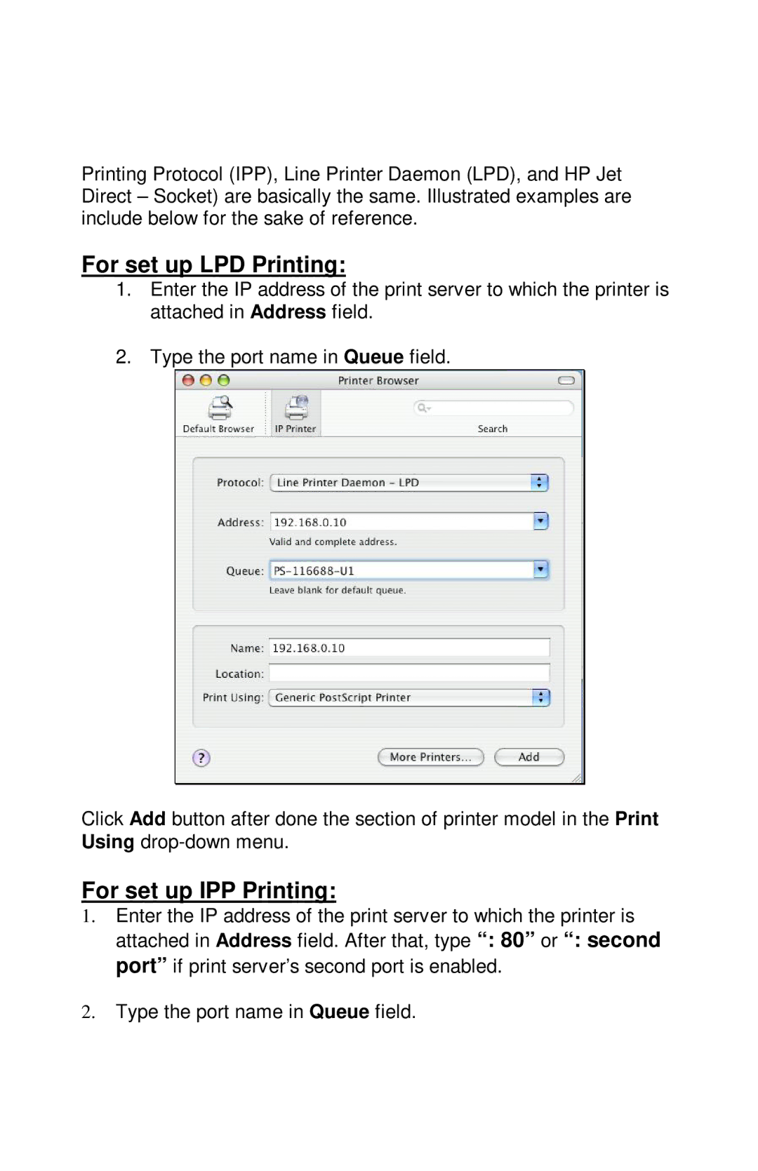 TRENDnet TE100-PIP manual For set up LPD Printing 