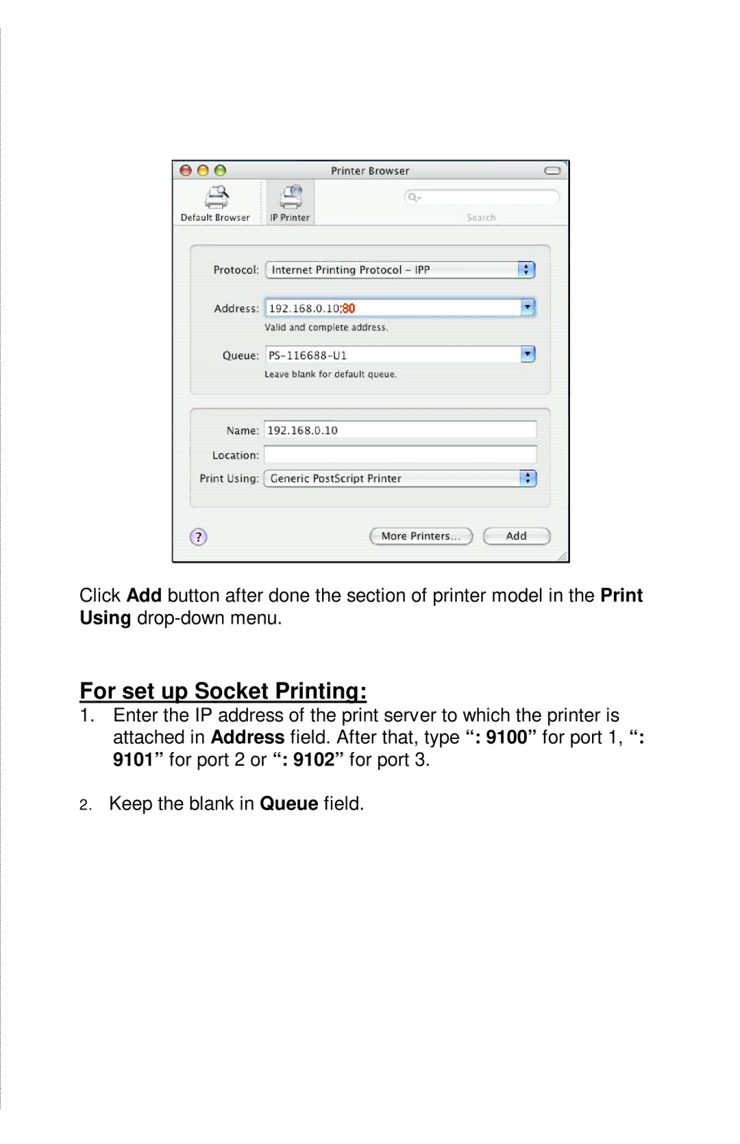 TRENDnet TE100-PIP manual For set up Socket Printing 