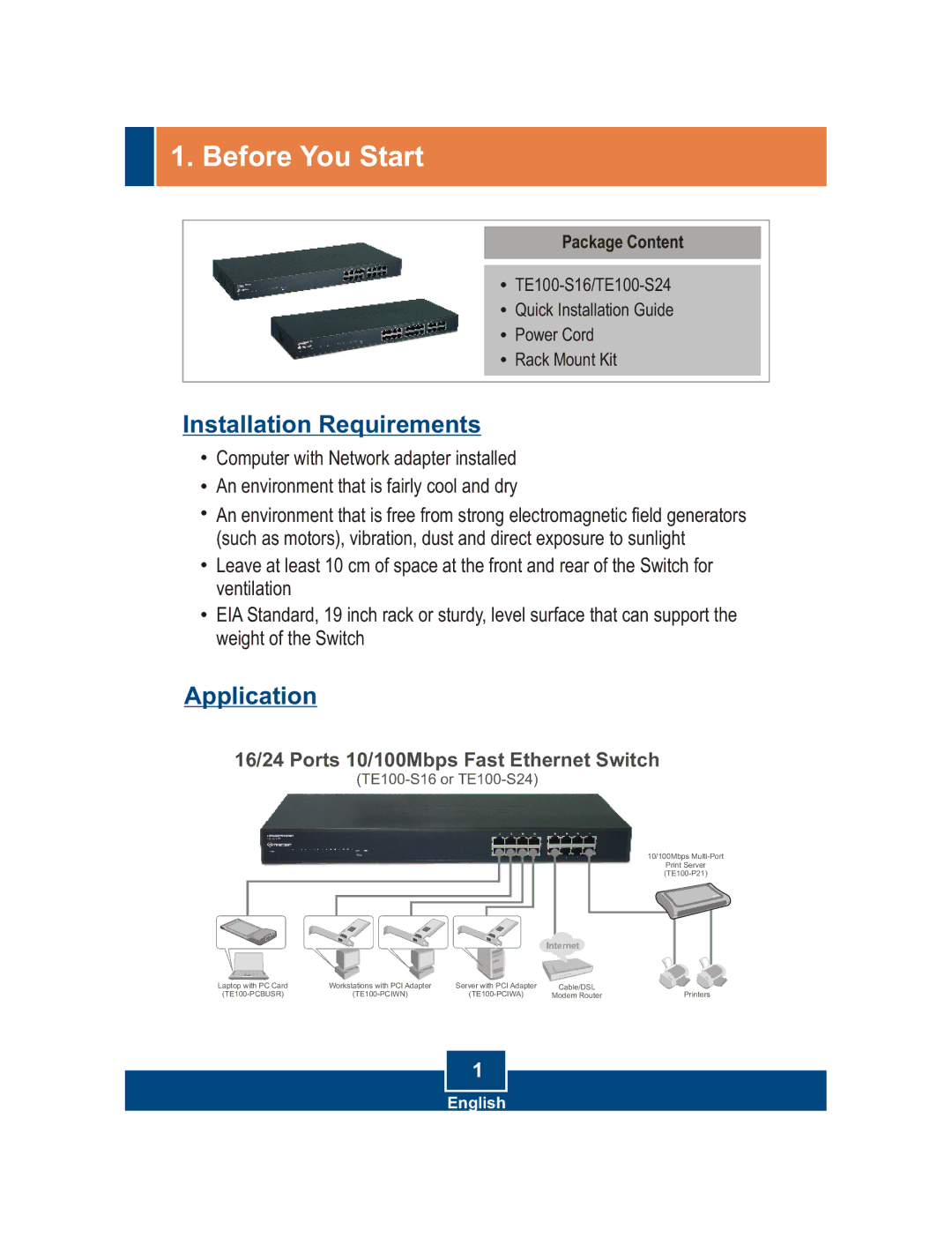 TRENDnet TE100-S24, TE100-S16 manual Before You Start, Package Content 