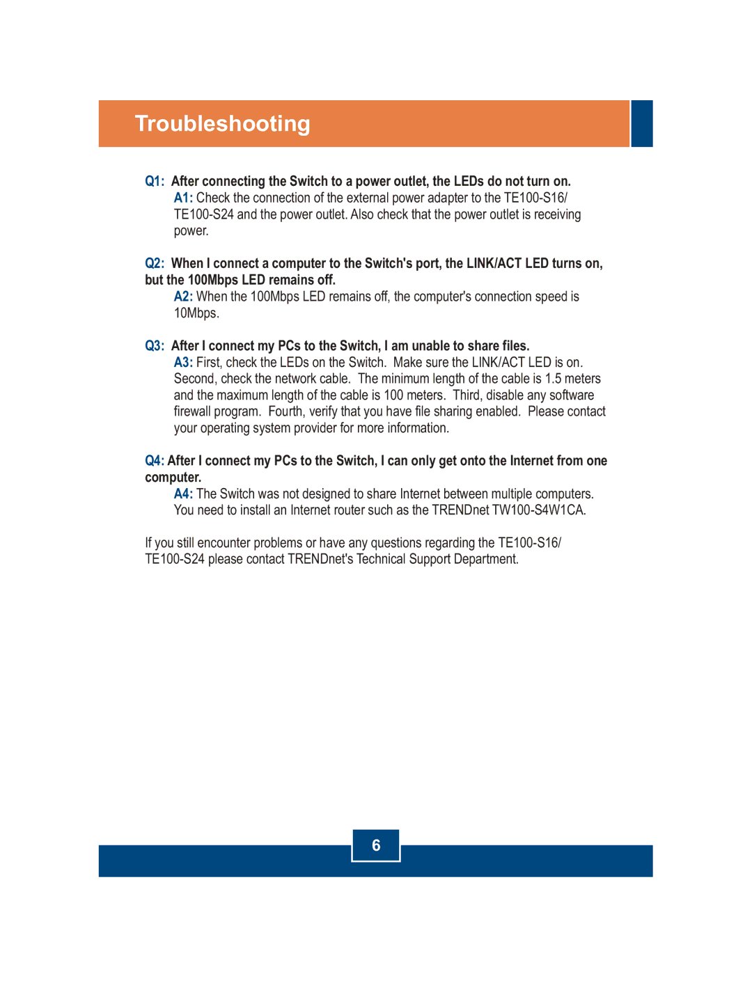 TRENDnet TE100-S16, TE100-S24 manual Troubleshooting 