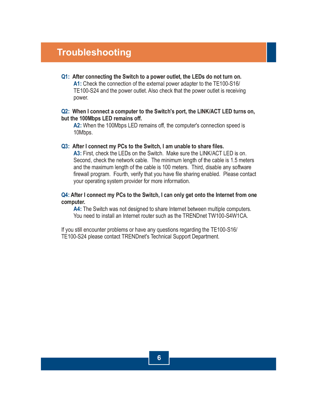 TRENDnet TE100-S16 manual Troubleshooting 