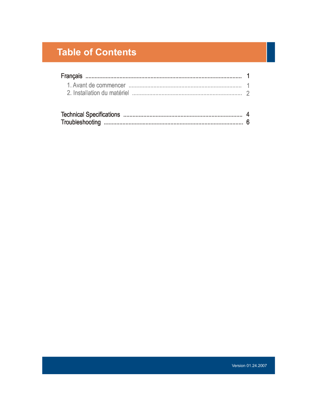 TRENDnet TE100-S16R manual Table of Contents, Français, Avant de commencer, Installation du matériel, Version 