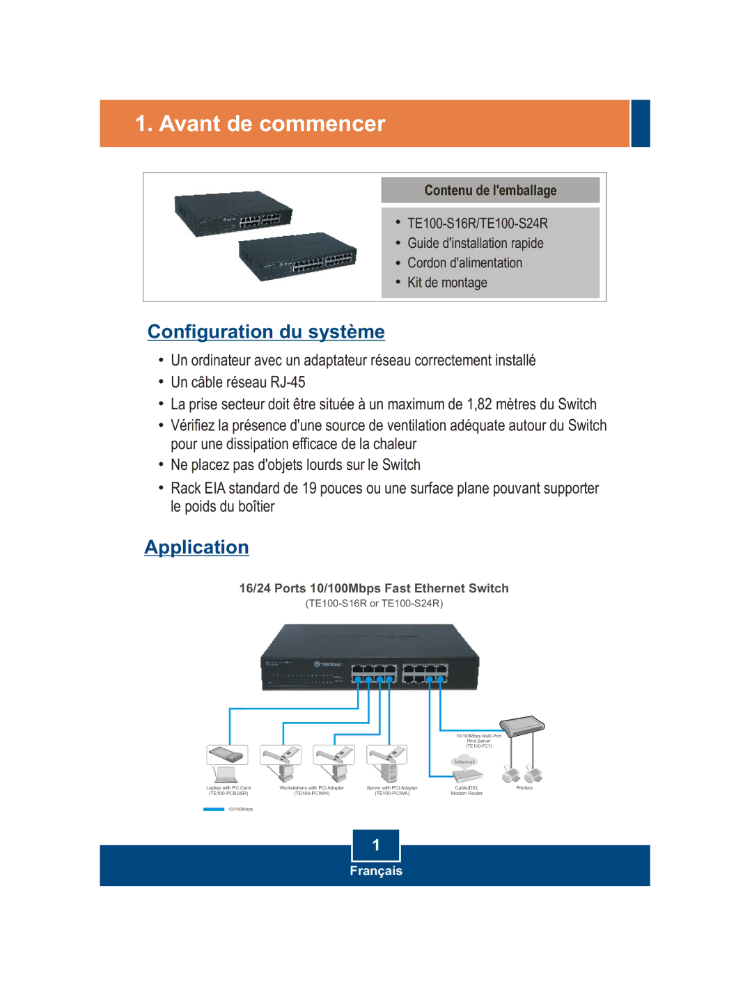 TRENDnet TE100-S16R manual Avant de commencer, Contenu de lemballage 