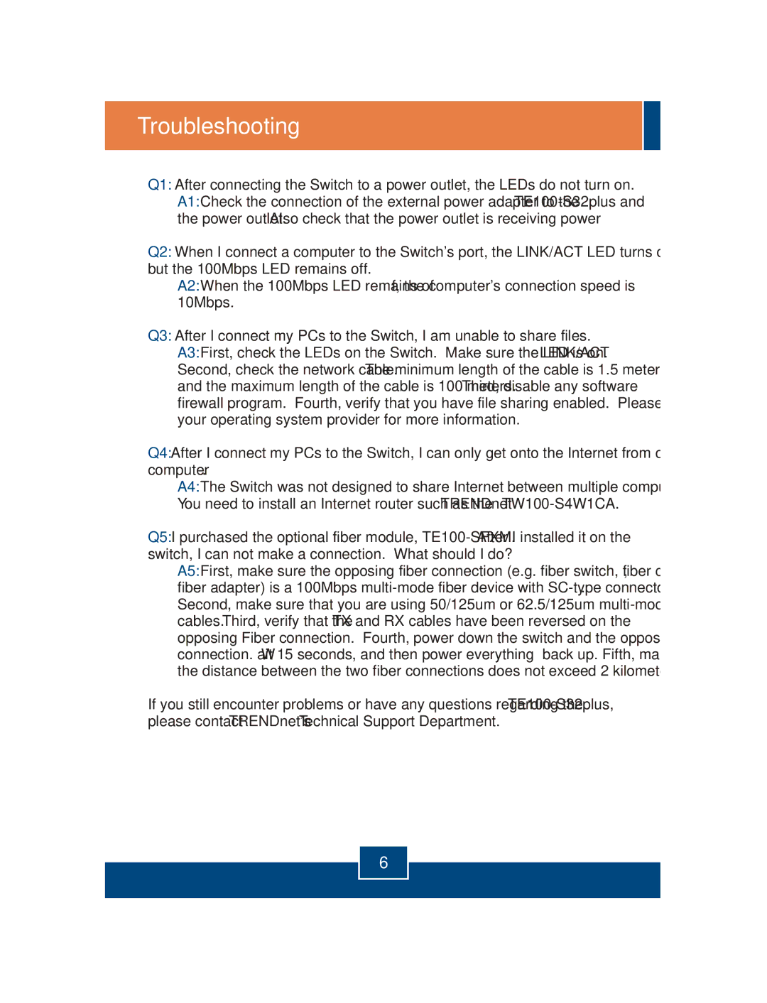 TRENDnet TE100-S32 manual Troubleshooting 