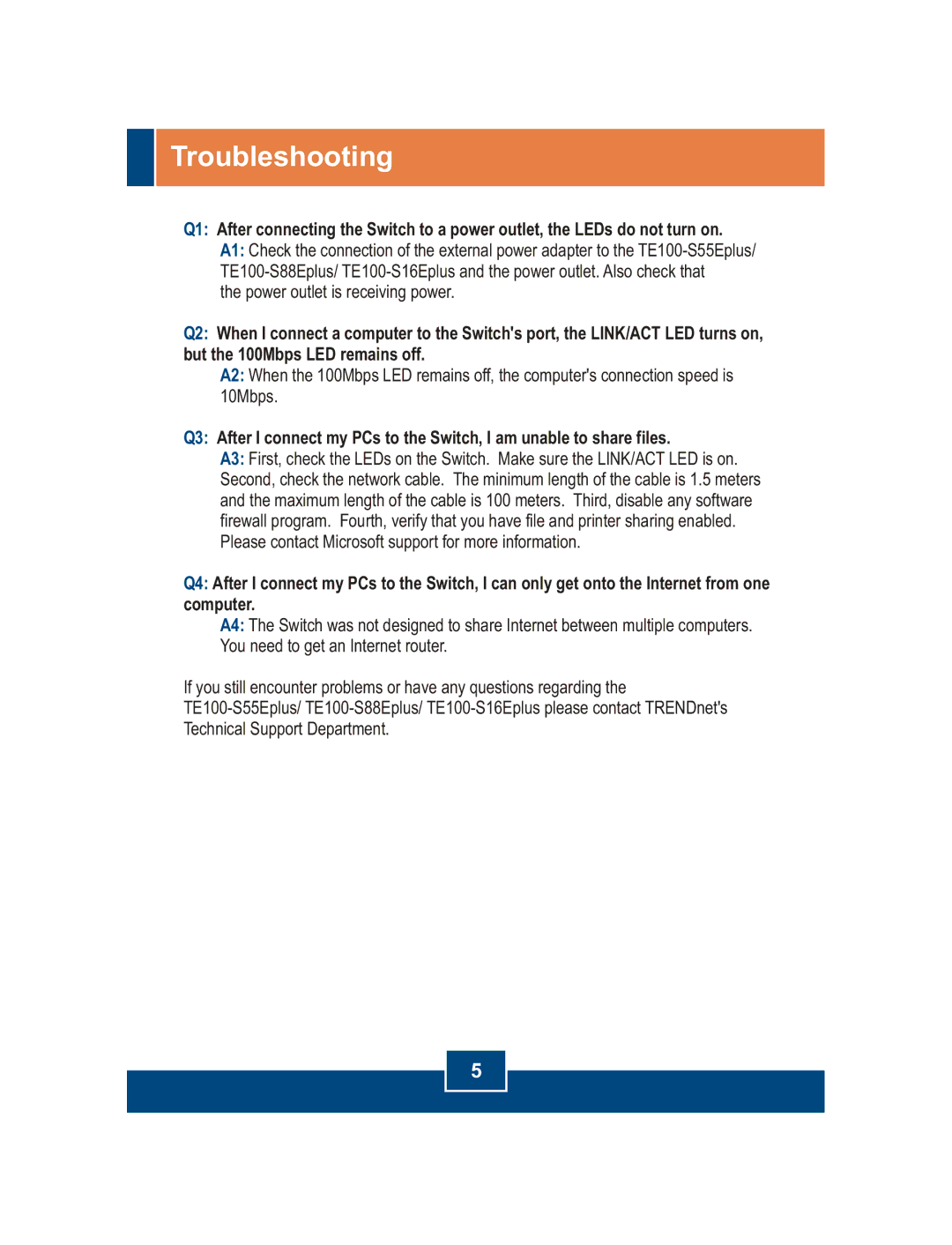 TRENDnet TE100-S55Eplus, TE100-S88Eplus, TE100-S16Eplus manual Troubleshooting 