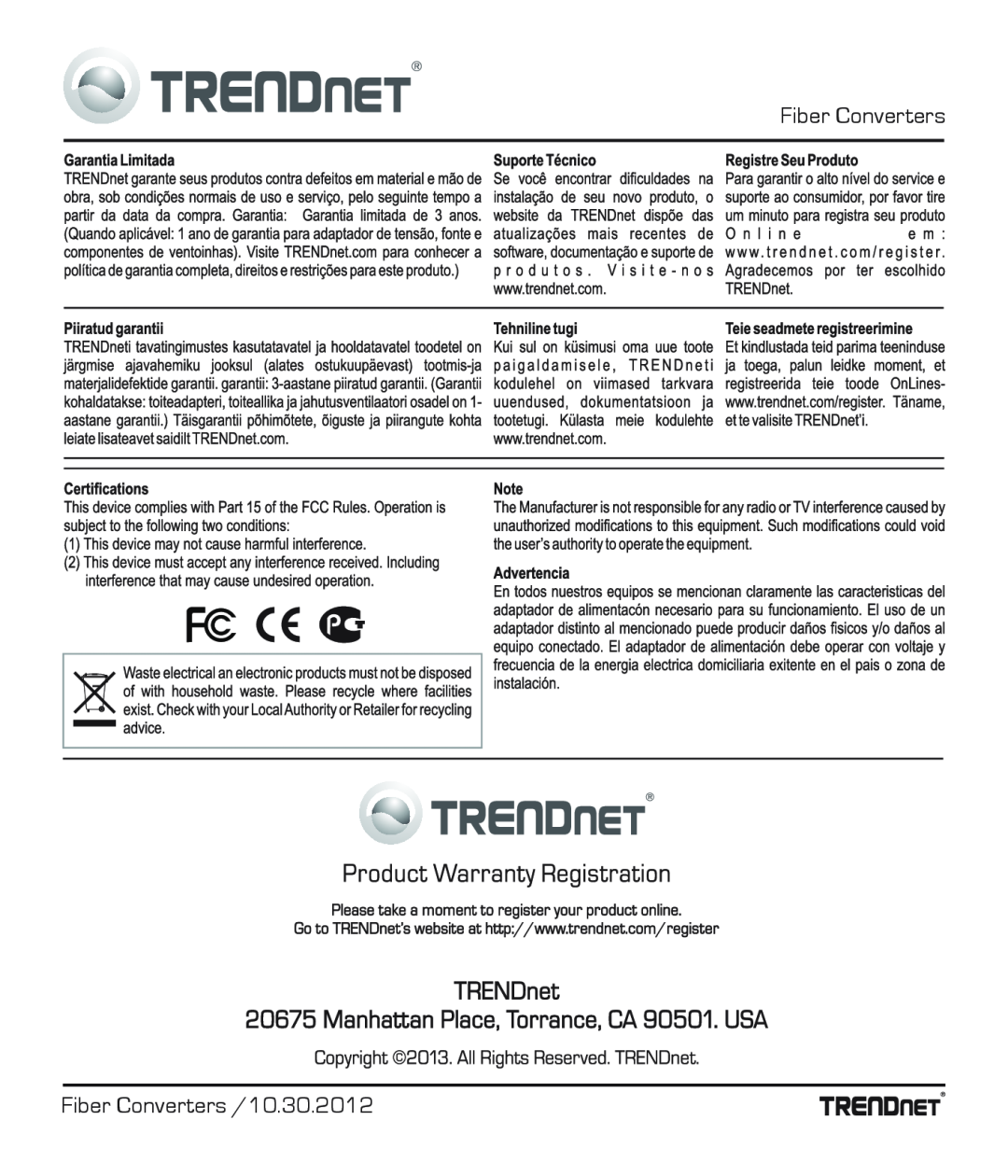 TRENDnet TE100S24G manual Fiber Converters Fiber Converters /10.30.2012 