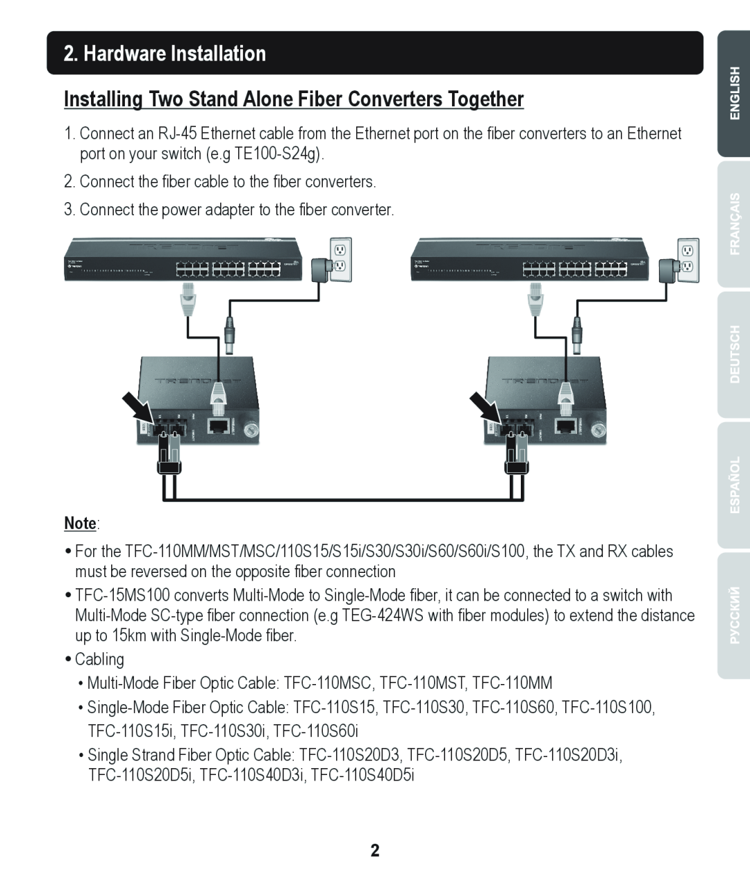 TRENDnet TE100S24G manual Hardware Installation, Installing Two Stand Alone Fiber Converters Together 