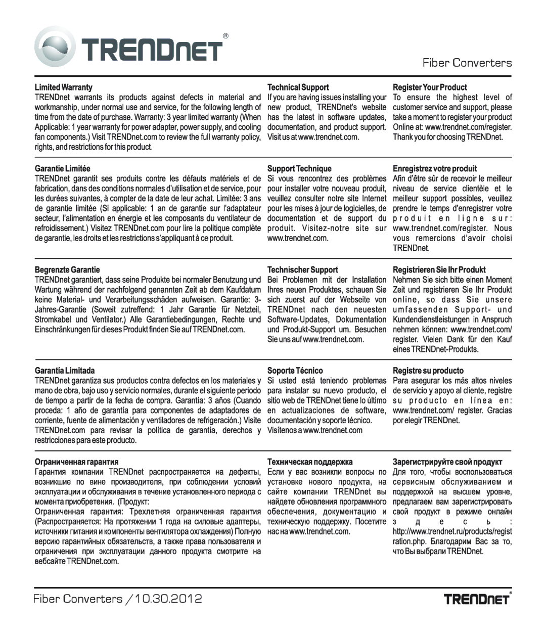 TRENDnet TE100S24G manual Fiber Converters Fiber Converters /10.30.2012 