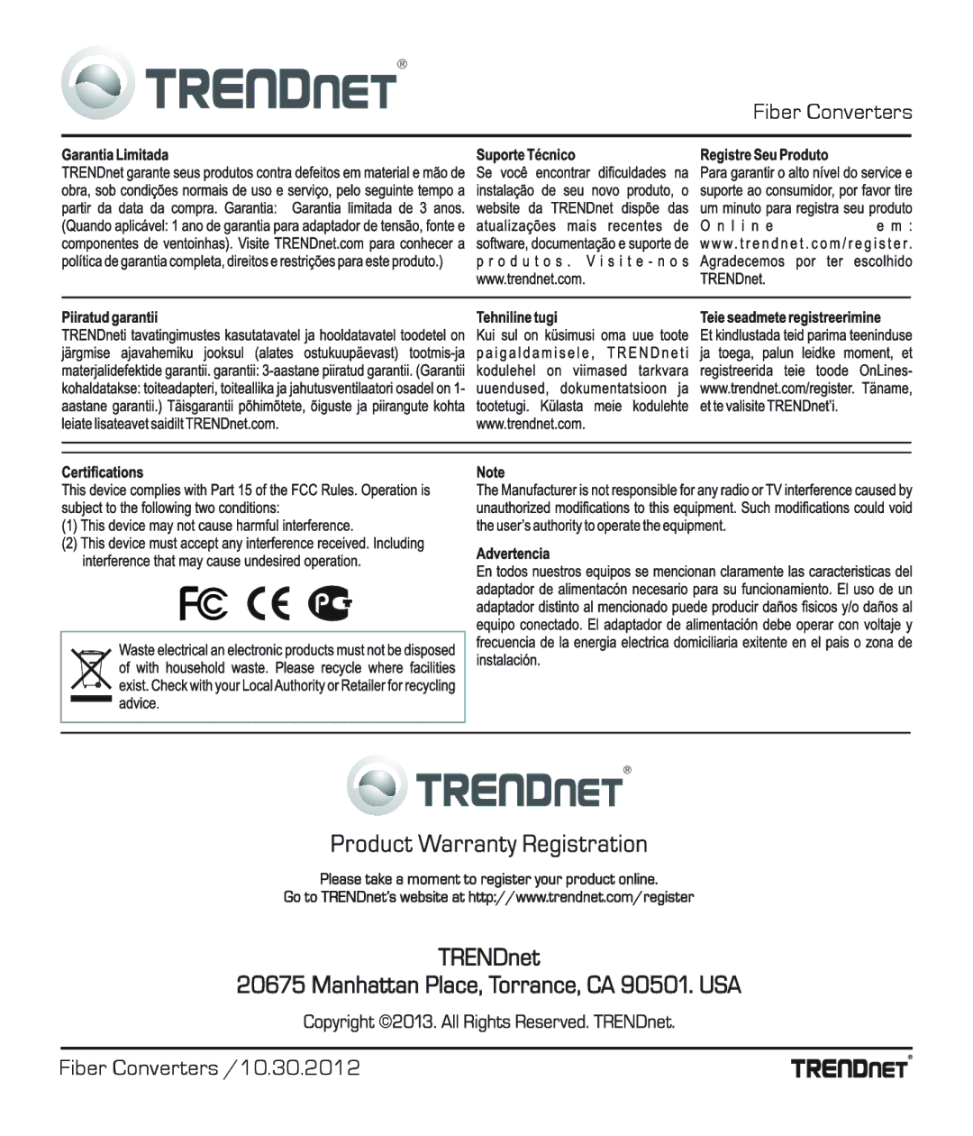 TRENDnet TE100S24G manual Fiber Converters Fiber Converters /10.30.2012 