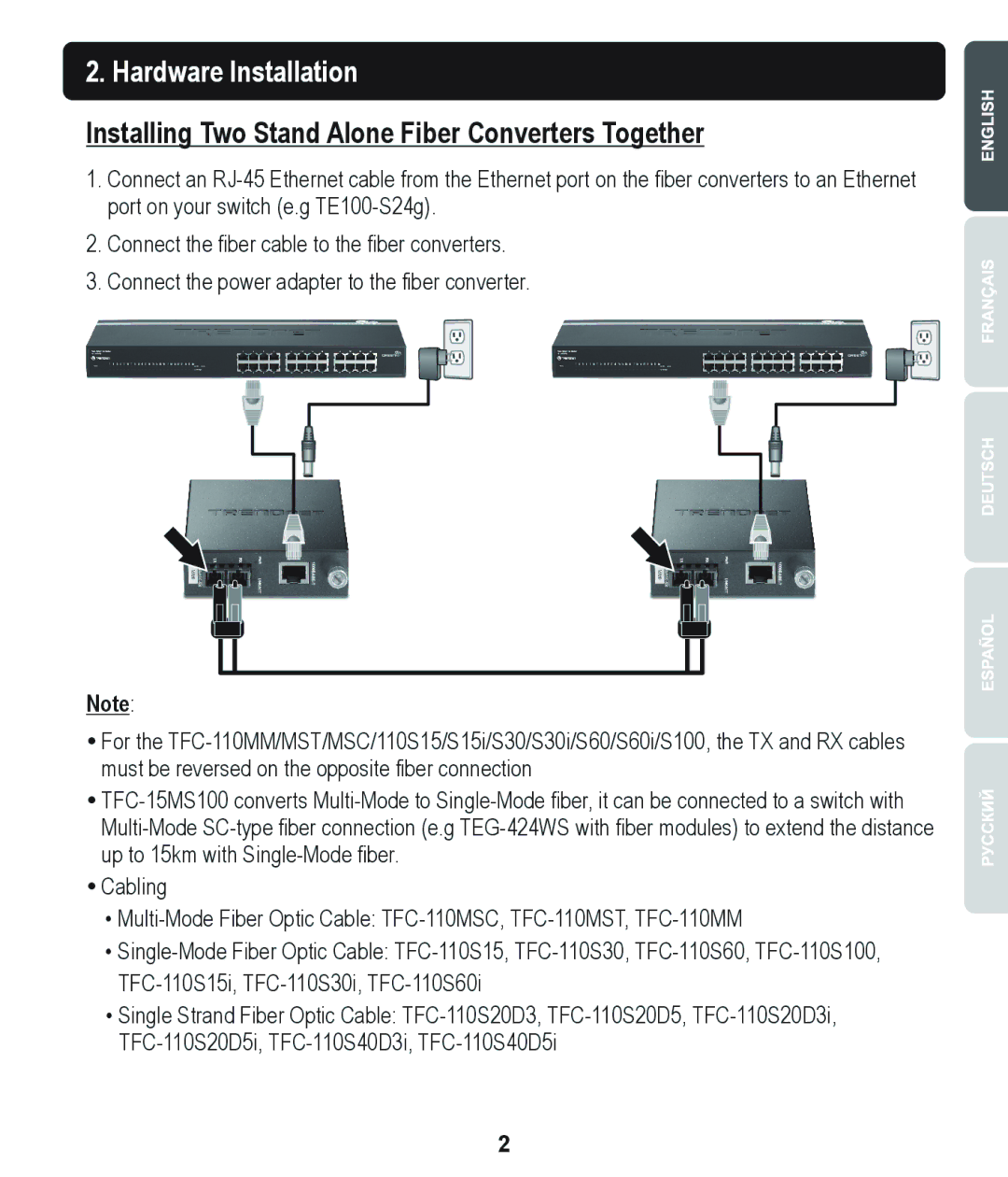 TRENDnet TE100S24G manual Hardware Installation, Installing Two Stand Alone Fiber Converters Together 