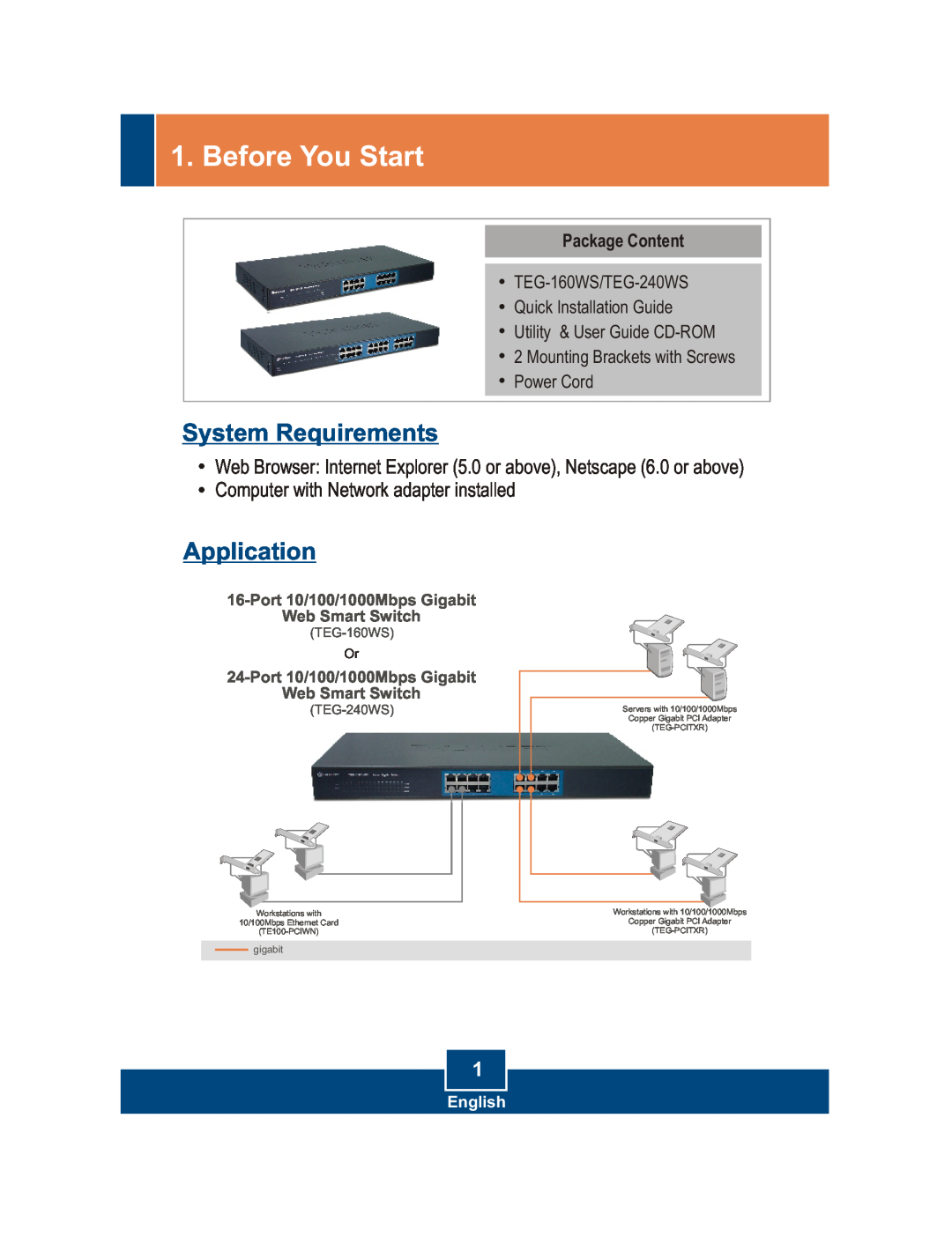 TRENDnet TEG-240WS manual Before You Start, System Requirements, Application, Package Content, English, TEG-160WS, gigabit 