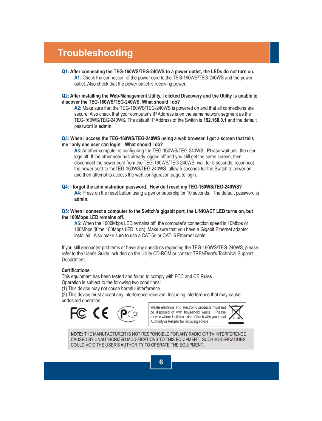 TRENDnet TEG-160WS, TEG-240WS manual Troubleshooting, Certifications 