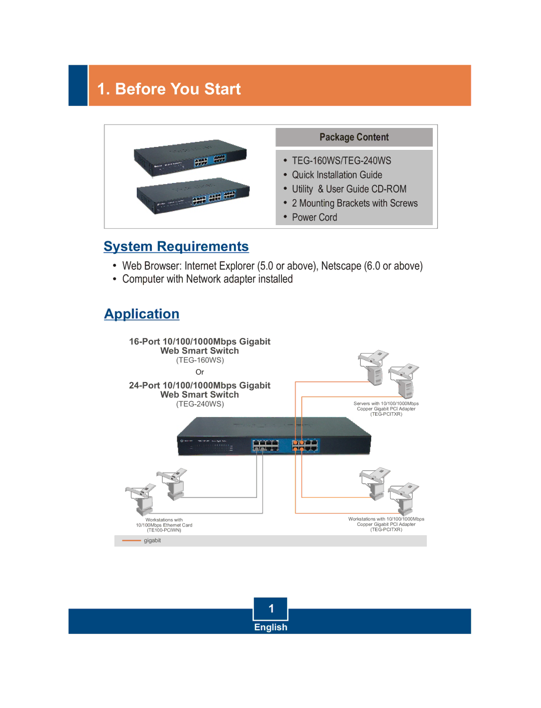 TRENDnet TEG-240WS, TEG-160WS manual Before You Start, Package Content 