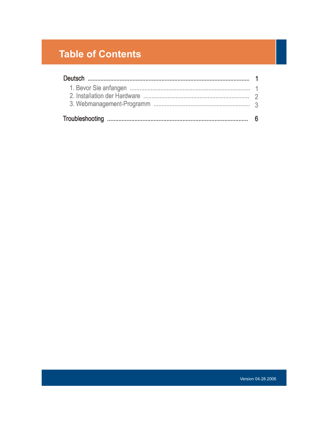 TRENDnet TEG-160WS manual Table of Contents, Bevor Sie anfangen, Installation der Hardware, Webmanagement-Programm, Version 